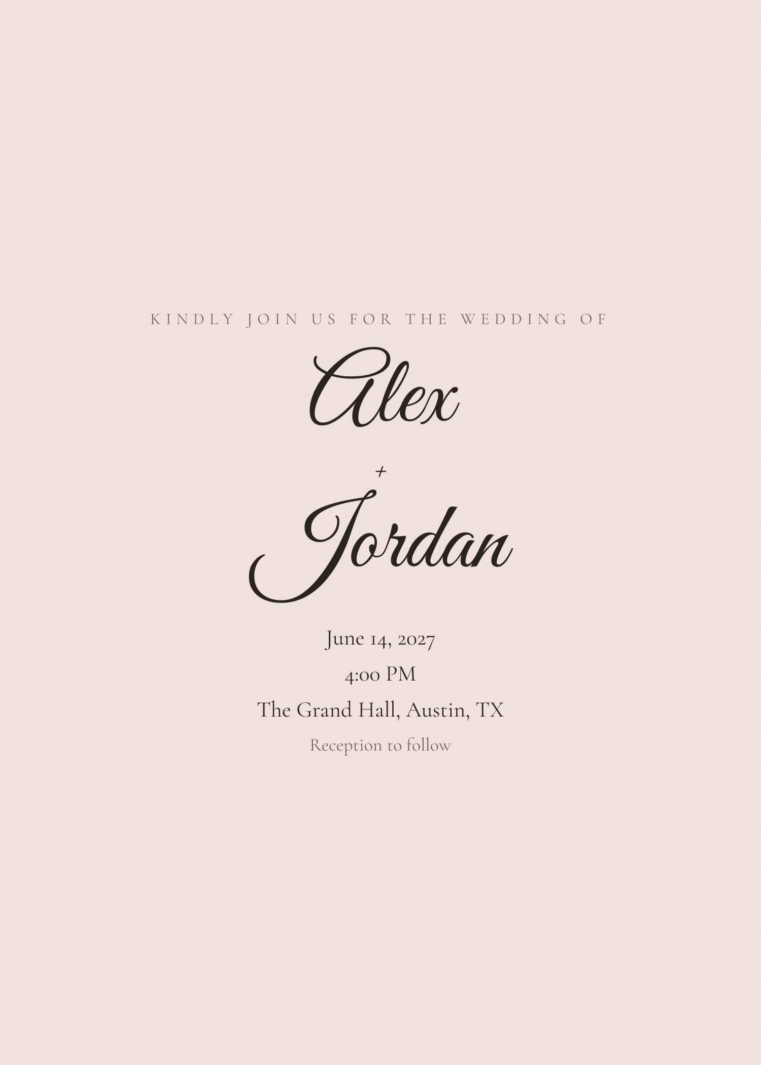 Free blush pink written names wedding invitation template — printable 5x7 design