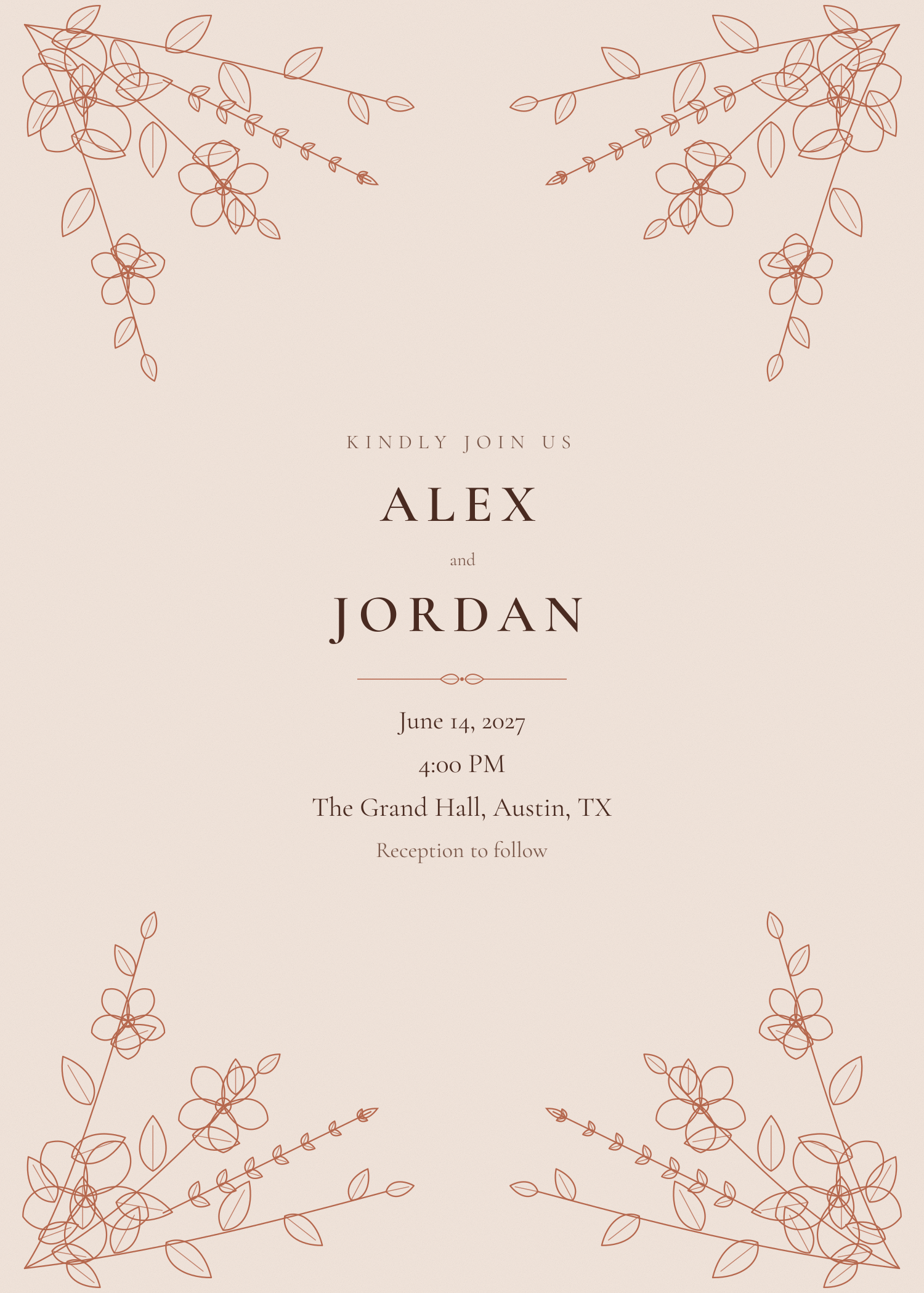Free botanical border wedding invitation template — printable 5x7 design
