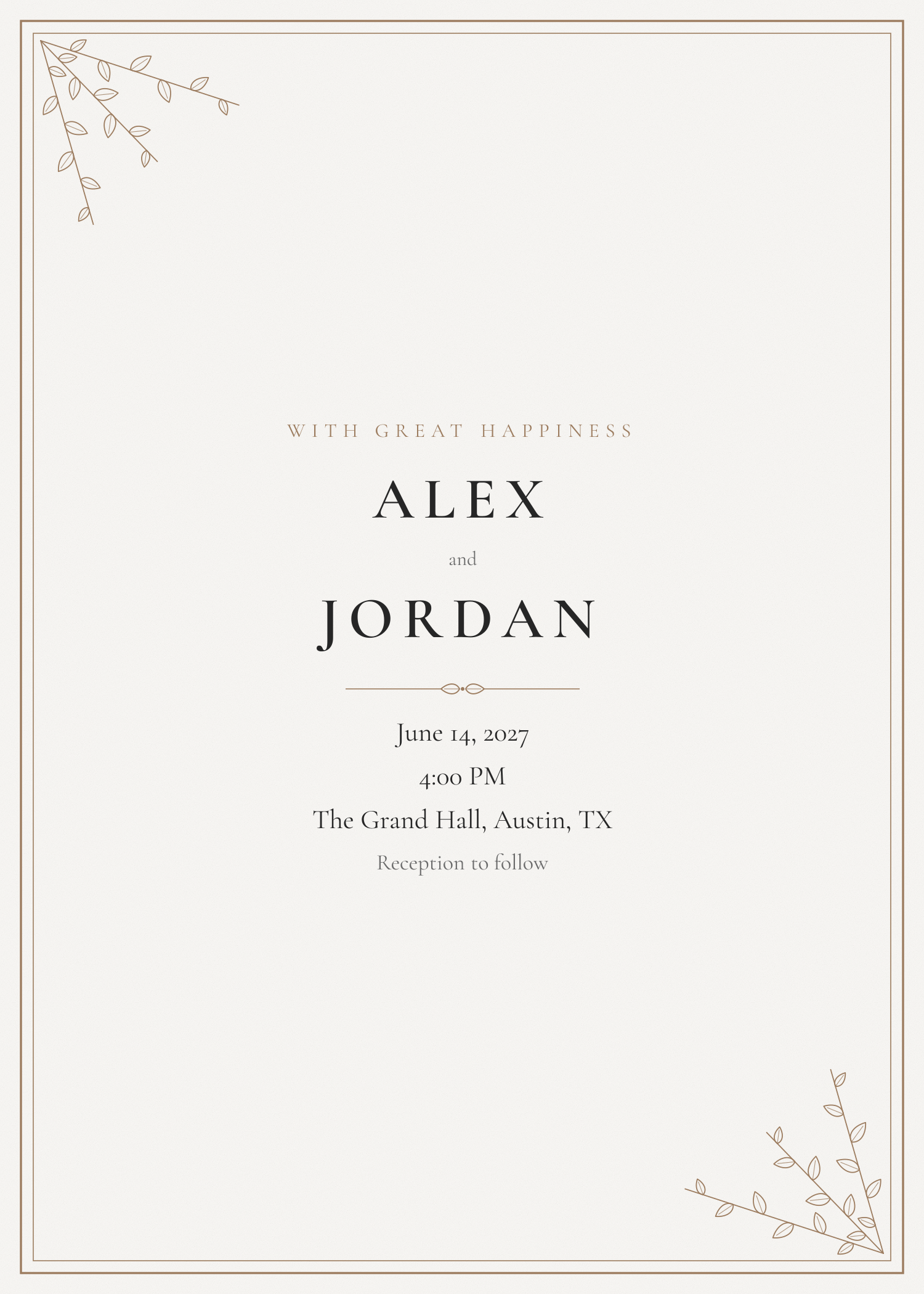 Free greenery frame wedding invitation template — printable 5x7 design