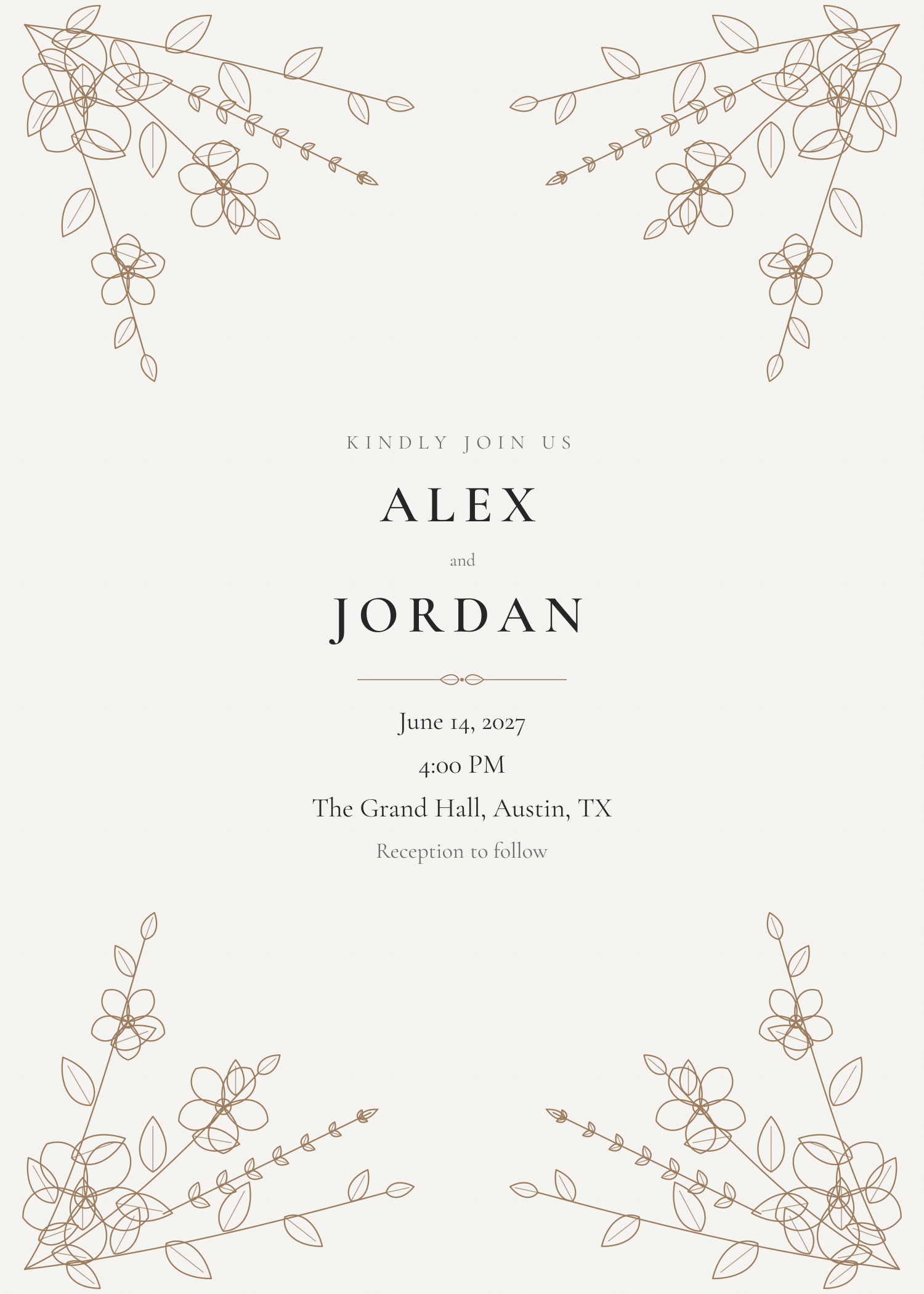 Free ivory and gold botanical border wedding invitation template — printable 5x7 design