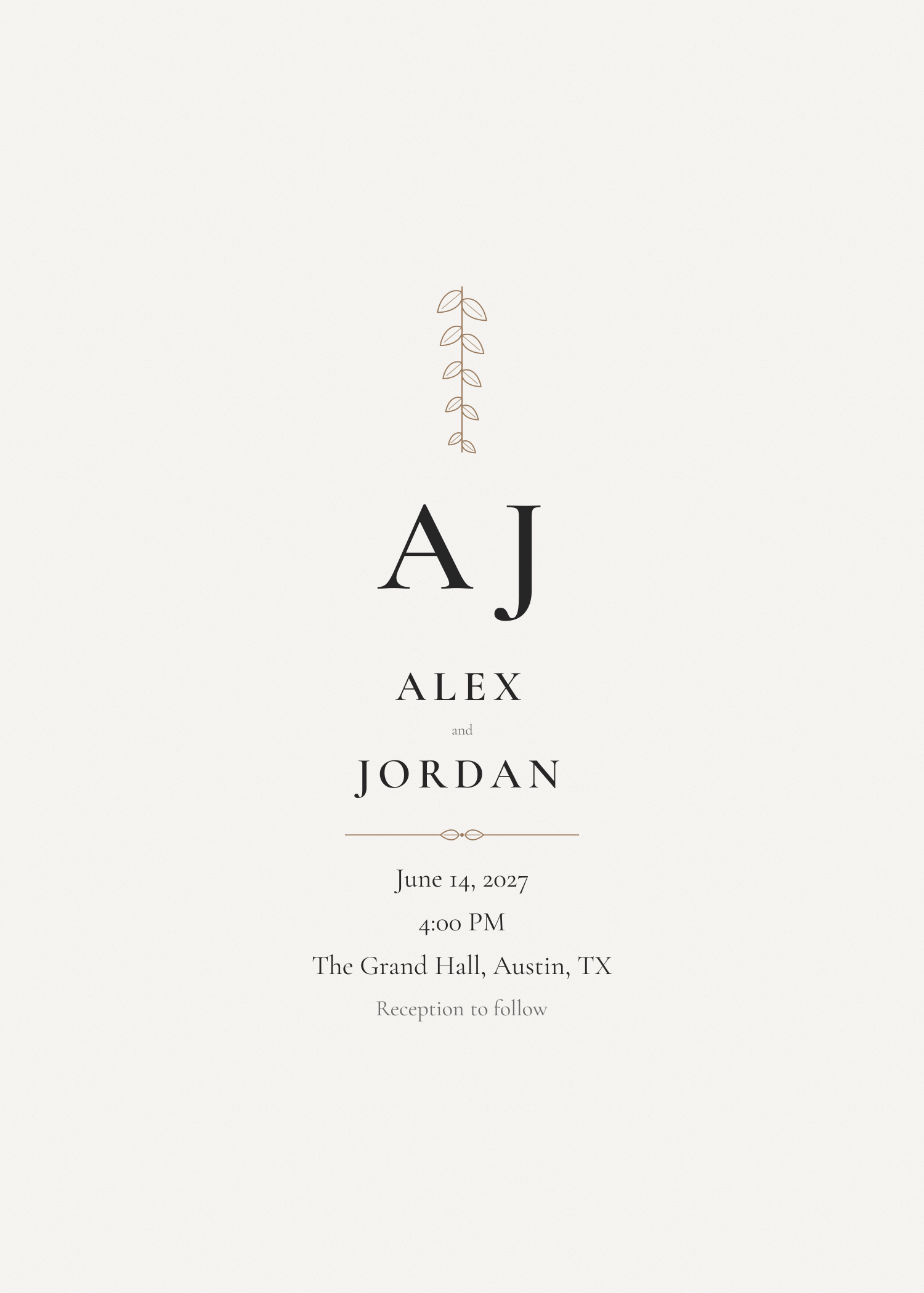 Free ivory and gold initials wedding invitation template — printable 5x7 design