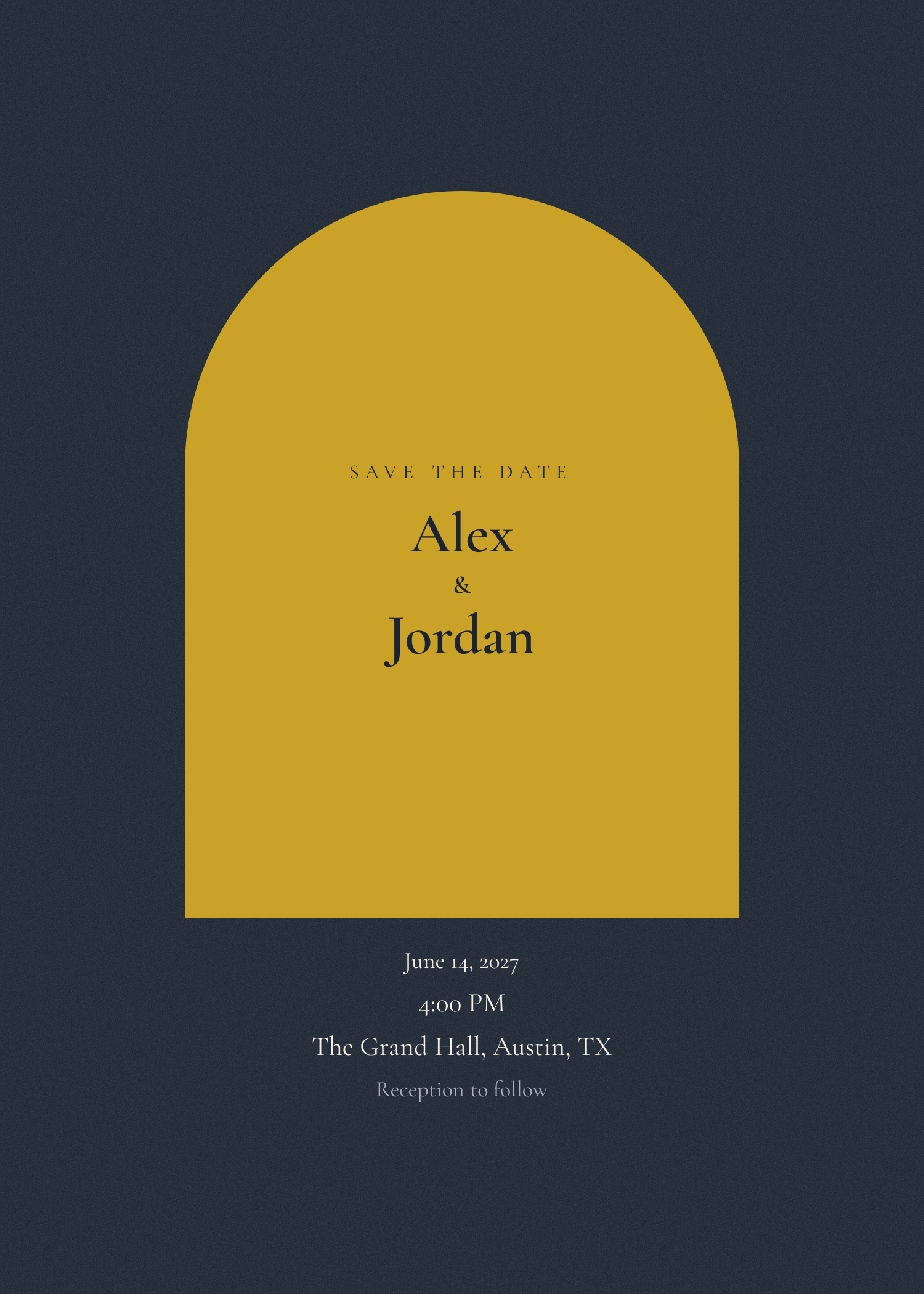 Free midnight blue and gold arch wedding invitation template