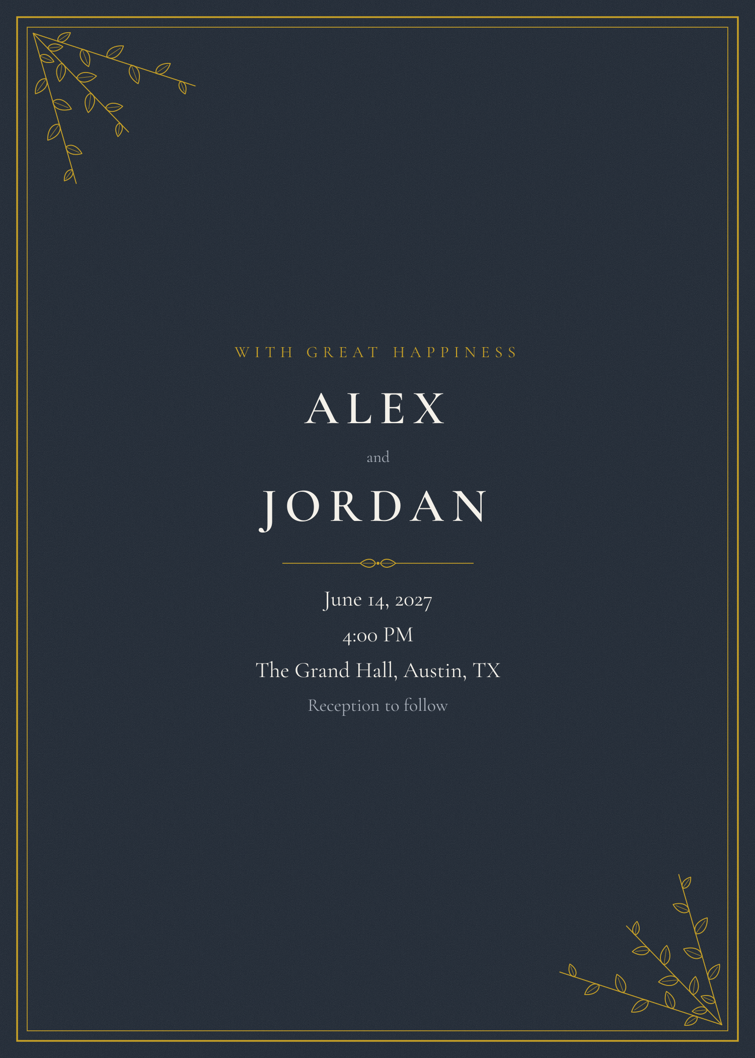 Free midnight blue and gold greenery frame wedding invitation template — printable 5x7 design