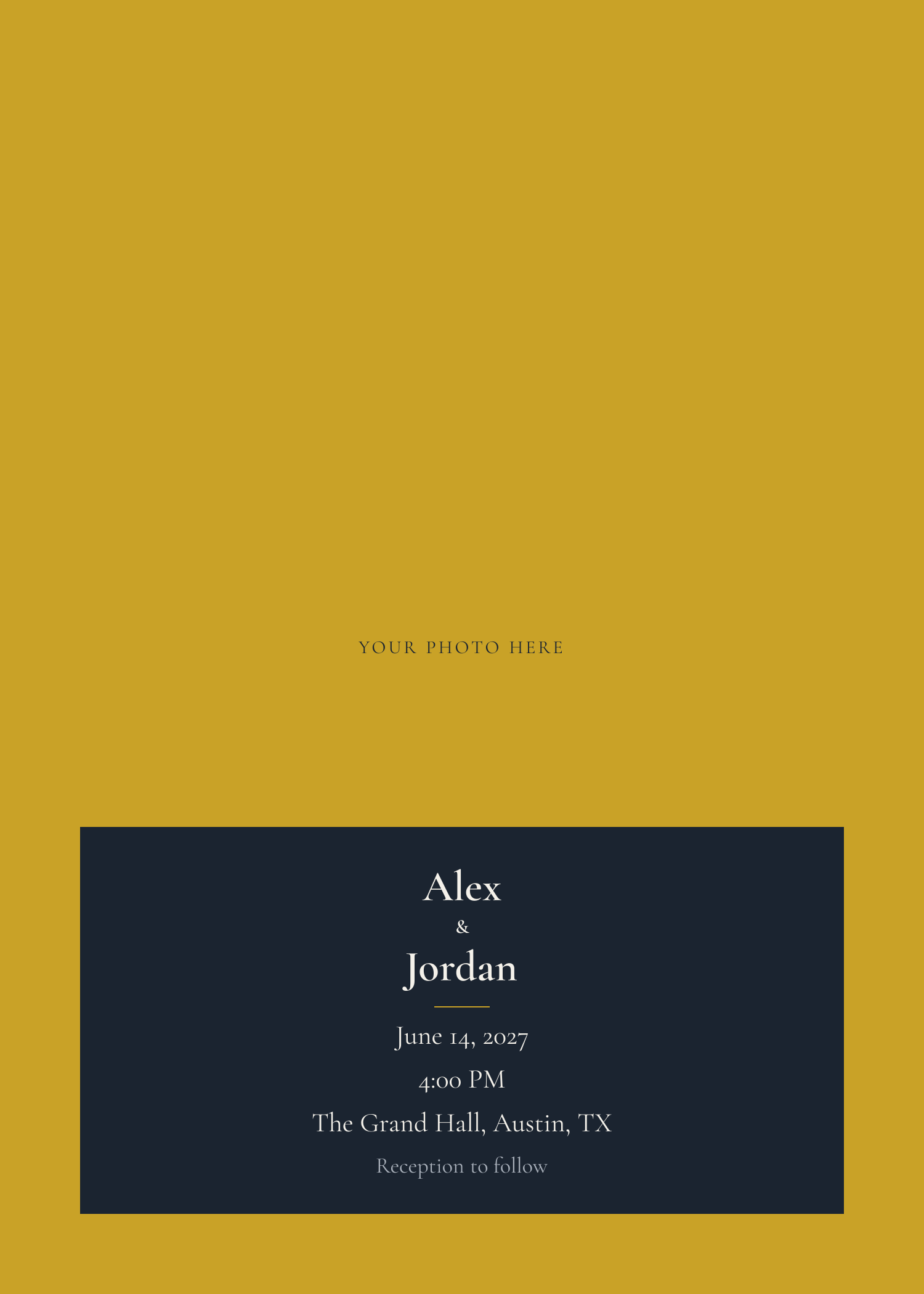 Free midnight blue and gold photo full wedding invitation template — printable 5x7 design