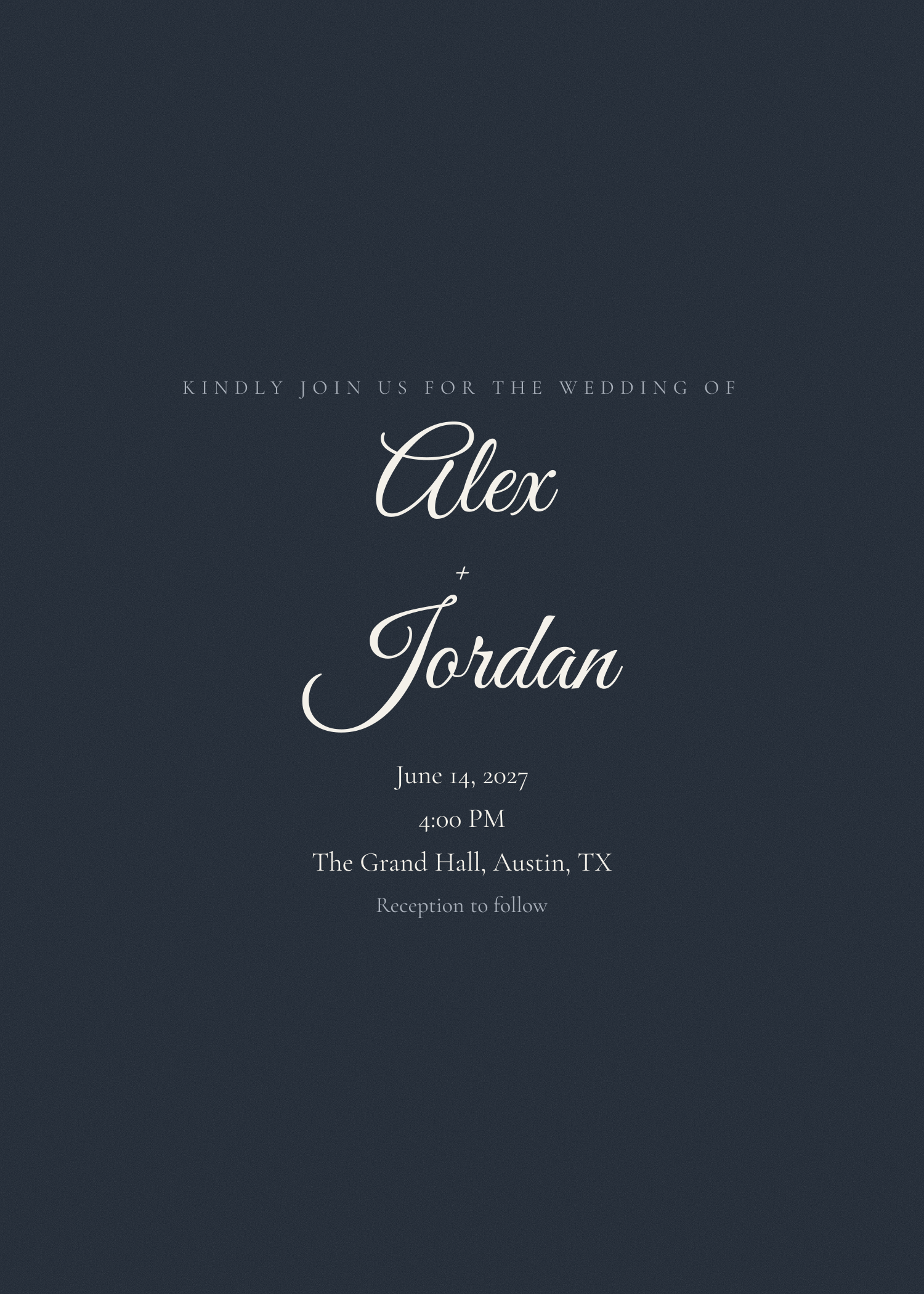 Free midnight blue and gold written names wedding invitation template — printable 5x7 design
