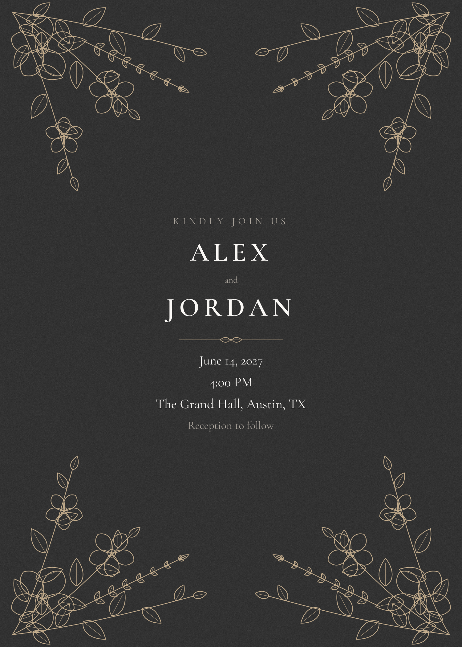 Free black and champagne botanical border wedding invitation template — printable 5x7 design