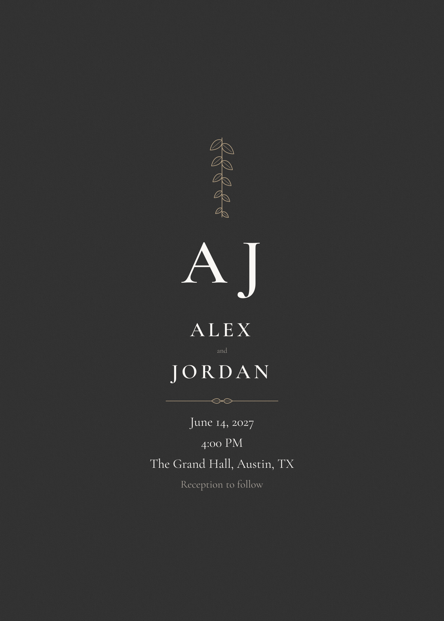 Free black and champagne initials wedding invitation template — printable 5x7 design