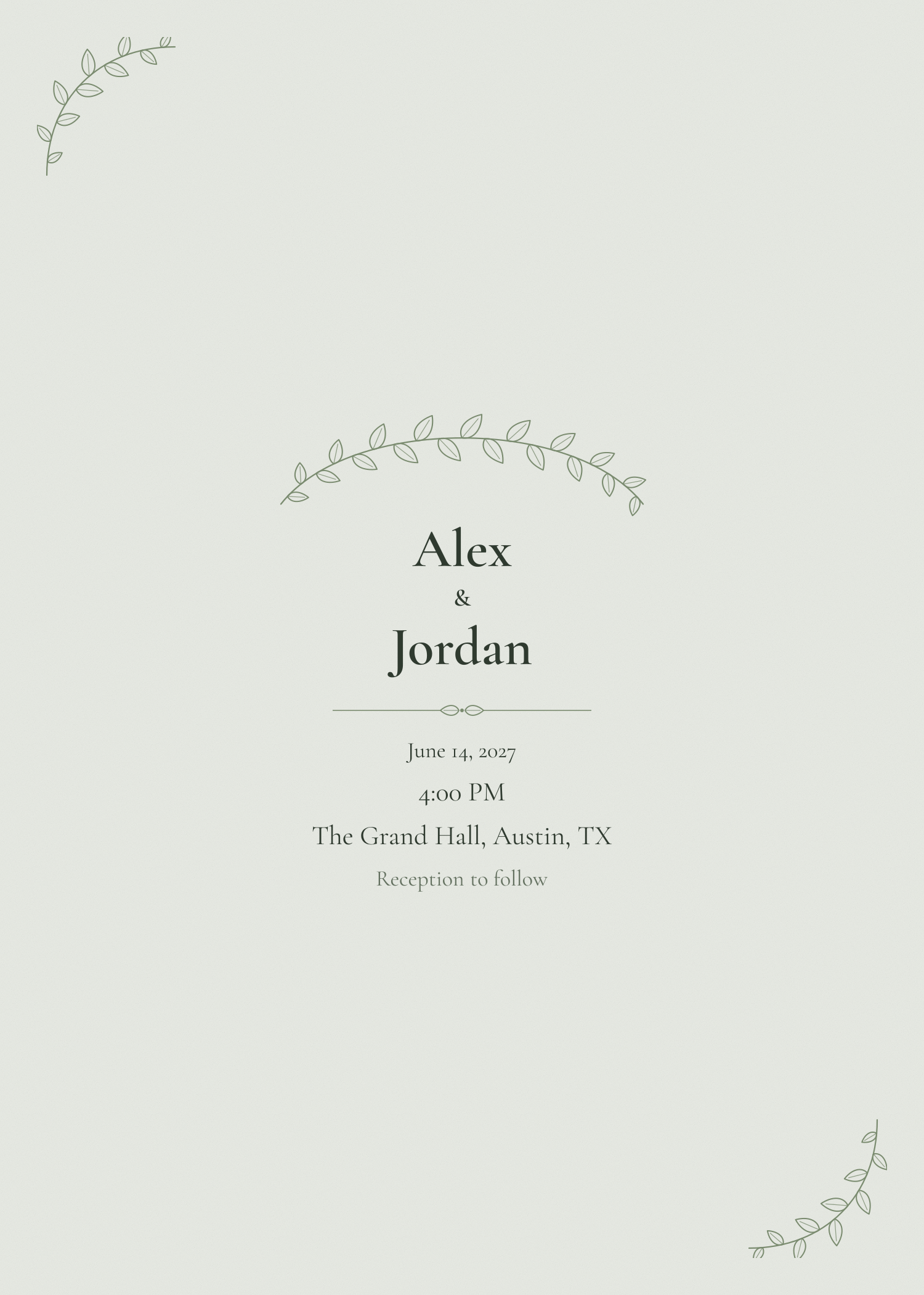 Free sage green garland wedding invitation template — printable 5x7 design