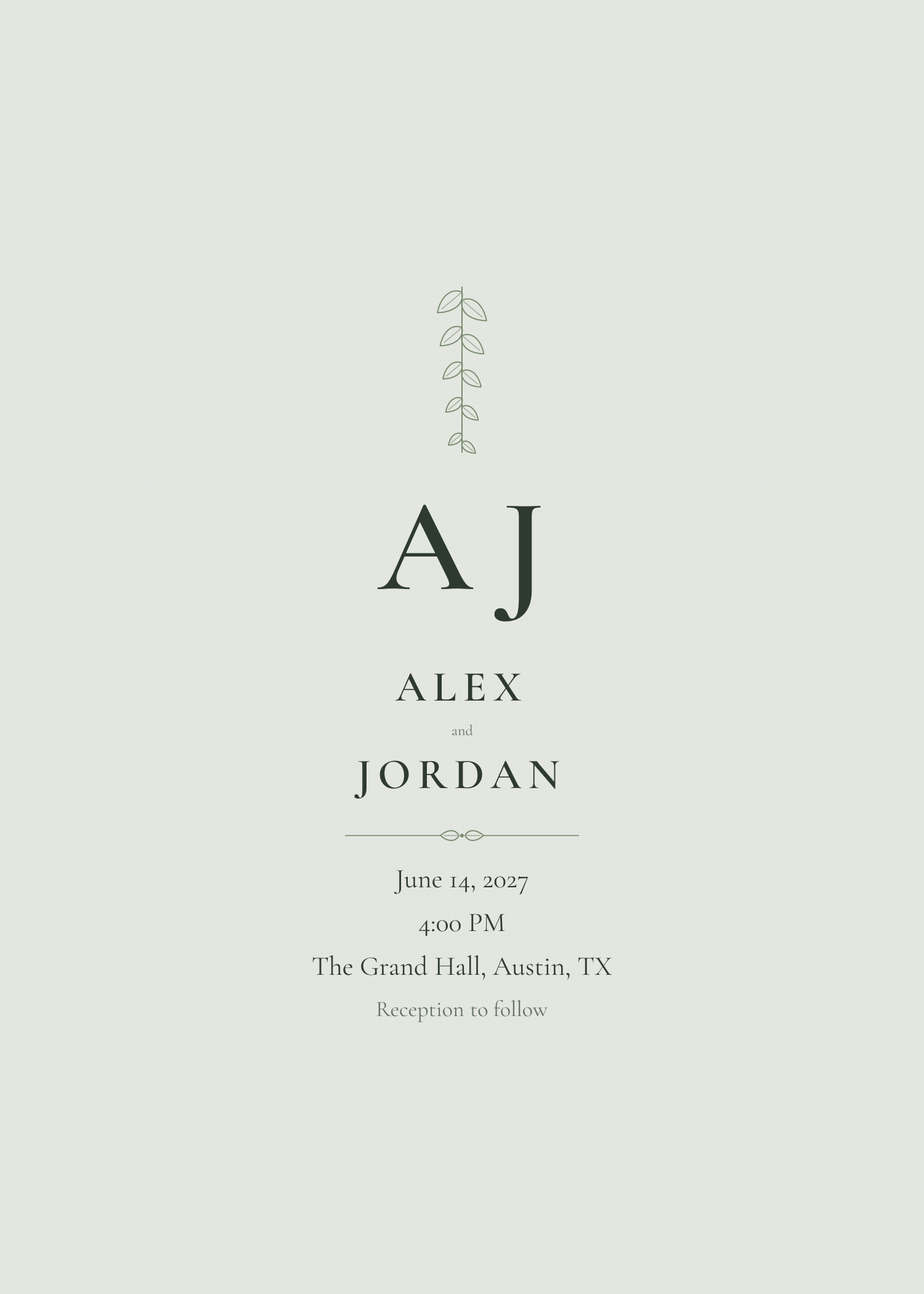 Free sage green initials wedding invitation template — printable 5x7 design