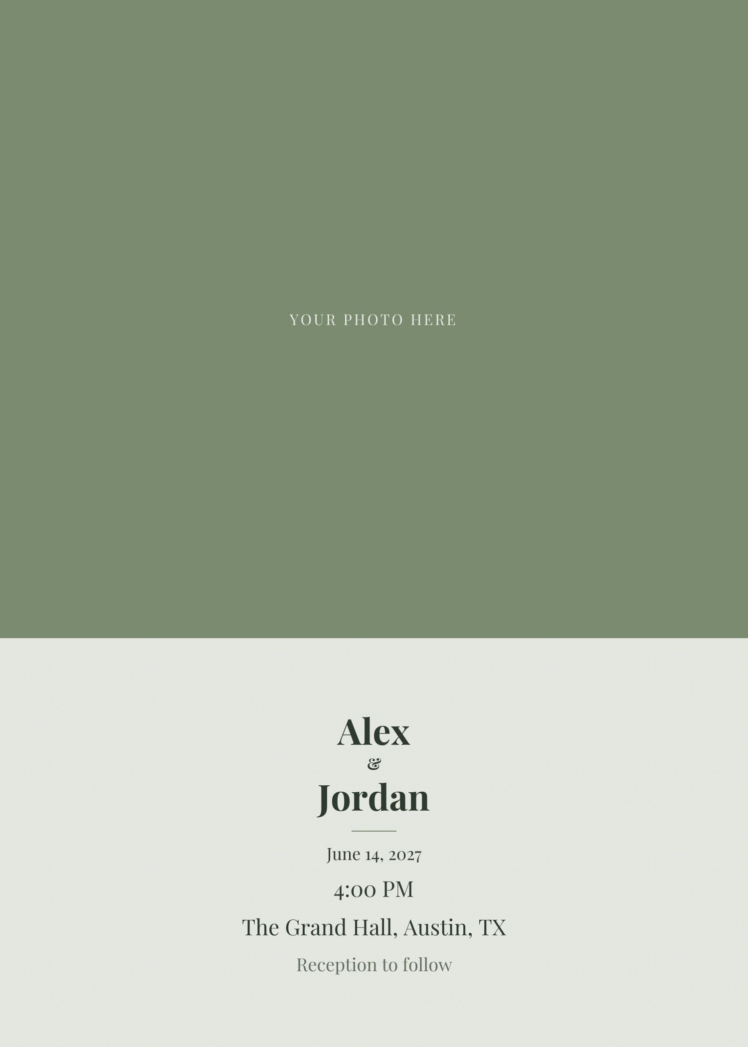 Free sage green photo wedding invitation template — printable 5x7 design