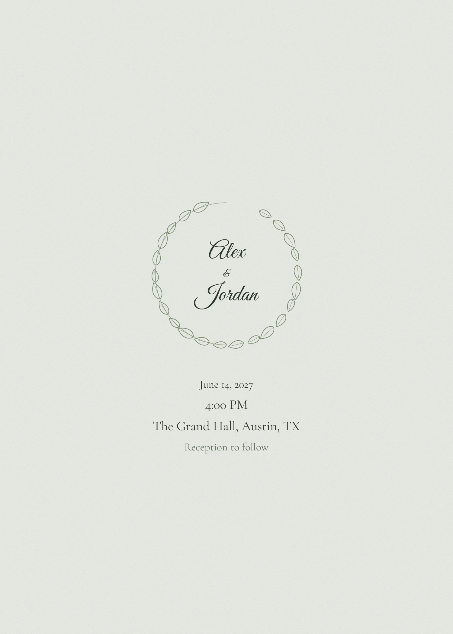 Free sage green wreath wedding invitation template — printable 5x7 design