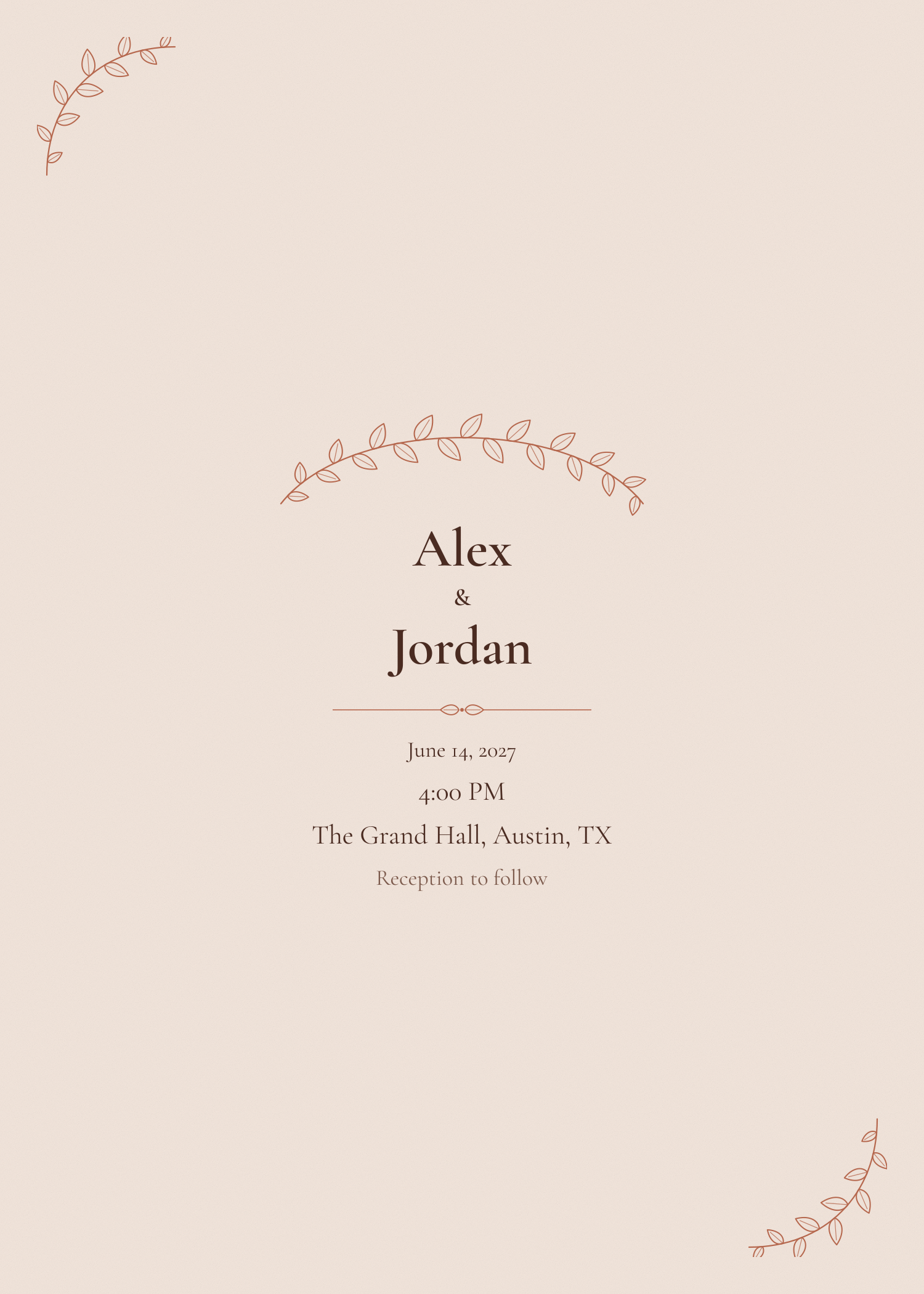 Free terracotta garland wedding invitation template — printable 5x7 design
