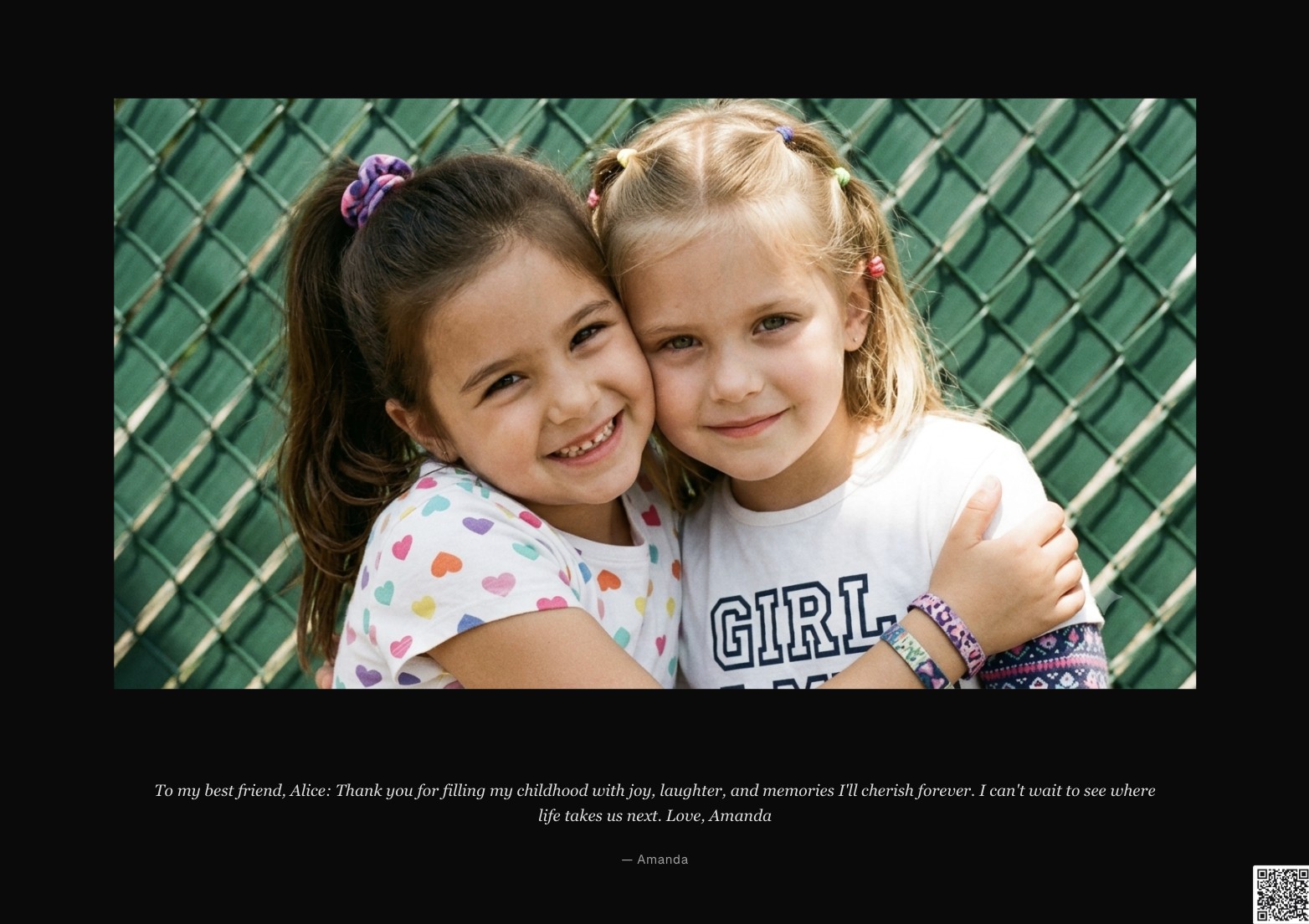 A book page with a photo of two childhood best friends, captioned with a message signed 'Amanda,' and a scan-to-play QR code in the corner.
