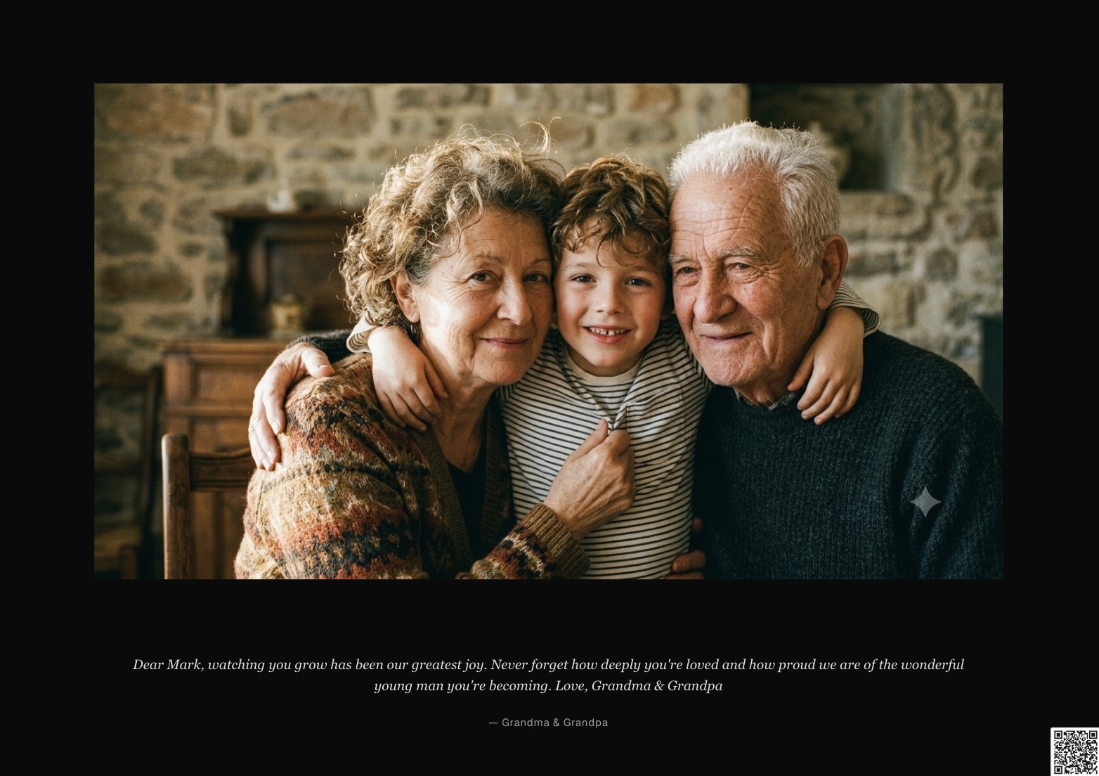A book page with a photo of grandparents and their grandson, captioned with a message signed 'Grandma & Grandpa,' and a scan-to-play QR code in the corner.